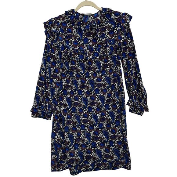 Sandro Paris Silk Paisley Mini Shift Dress in Blue Print Size 2 - Picture 2 of 11